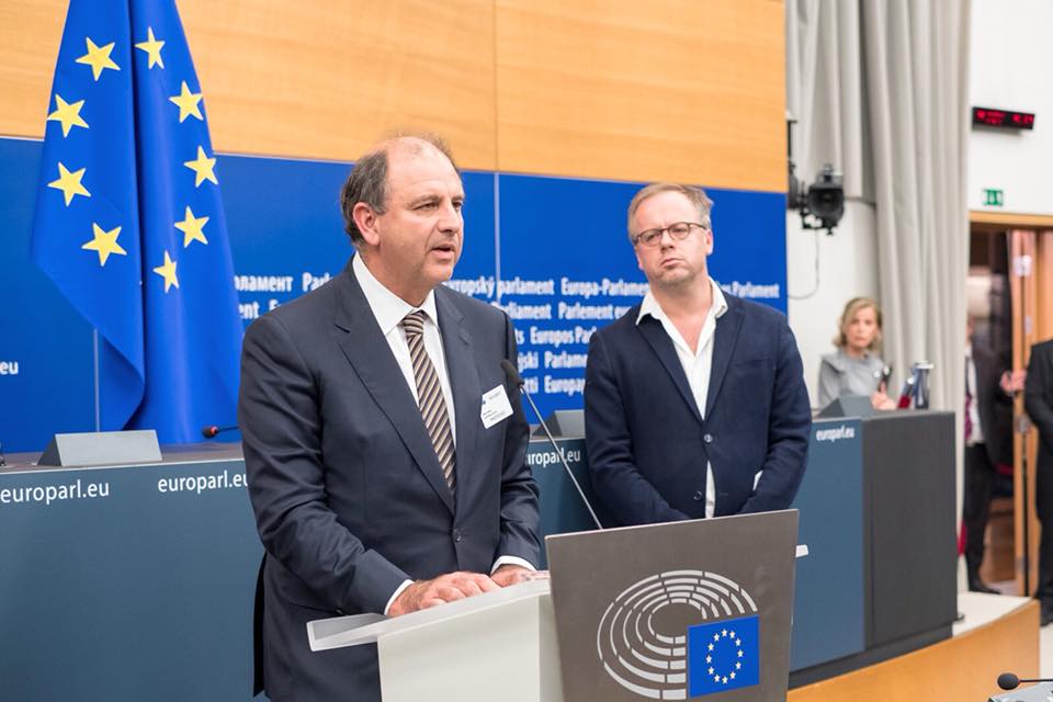 Peter Caruana Galizia addressing the launch of a press room in the European Parliament named after his wife, slain journalist Daphne Caruana Galizia.