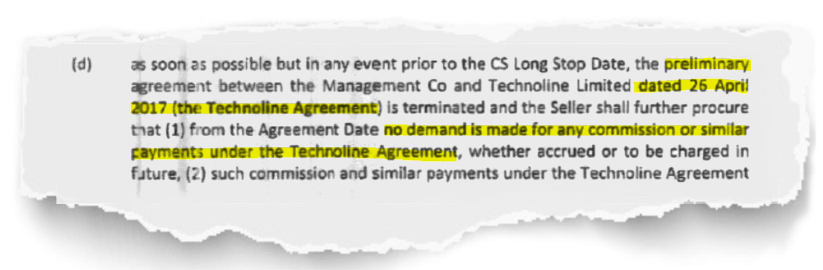 Excerpt from the Share Purchase Agreement referring to the Technoline Preliminary Agreement dated April 2017