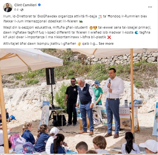 Minister Clint Camilleri teaching children about the environment a day after having Hondoq beach illegally cleaned for his visit.